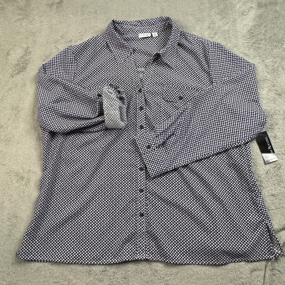 NWT Kim Rogers Curvy Navy Particle Print Button Down Shirt Women 3X‎